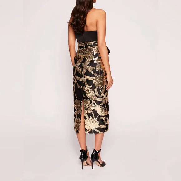 MARCHESA NOTTE***Black and Gold Lotus Strapless Bow Midi Dress****US 4 $795 - Picture 7 of 8